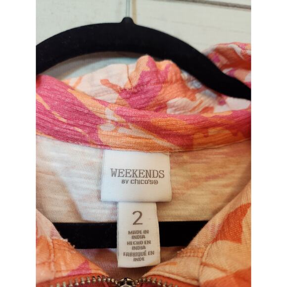 Weekends by Chico's Womens Orange Pink Floral Cotton Quarter Zip Blouse Size L - Picture 3 of 6